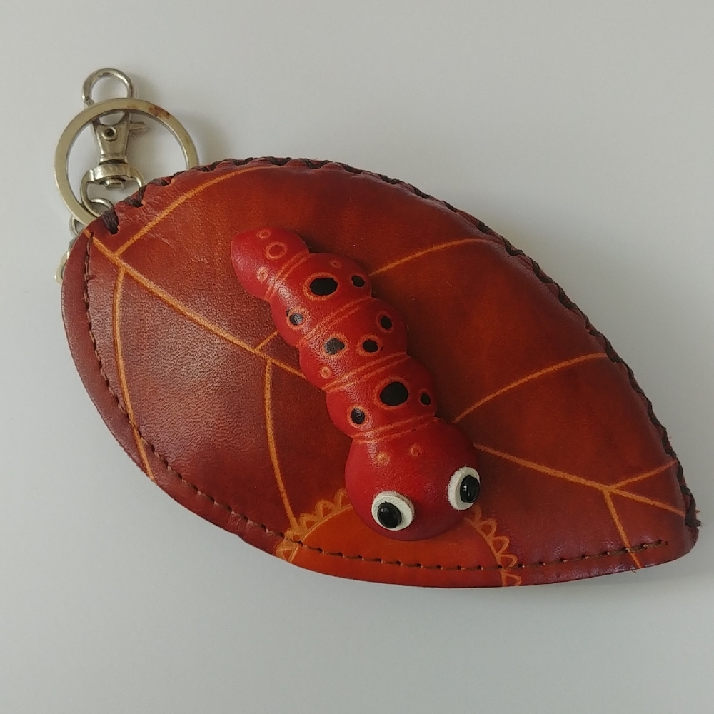 Vintage Red Leather Leaf Bag Charm Change purse